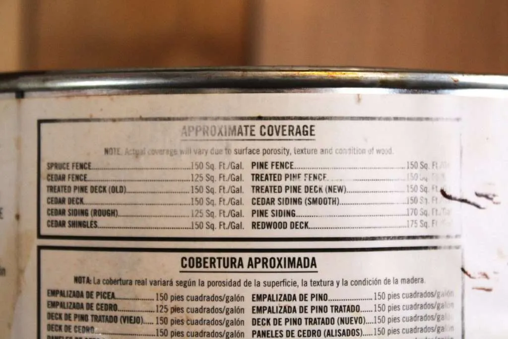 Can coverage stain chart showing how much fence stain is needed for different types of wood